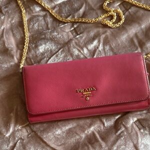 Prada Pink Saffiano Crossbody Wallet with Gold Chain